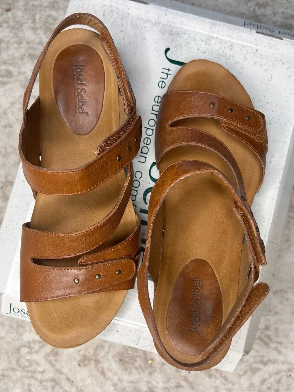 Josef Seibel Cognac Leather Triple-Strap Comfort Sandals, Size: 40